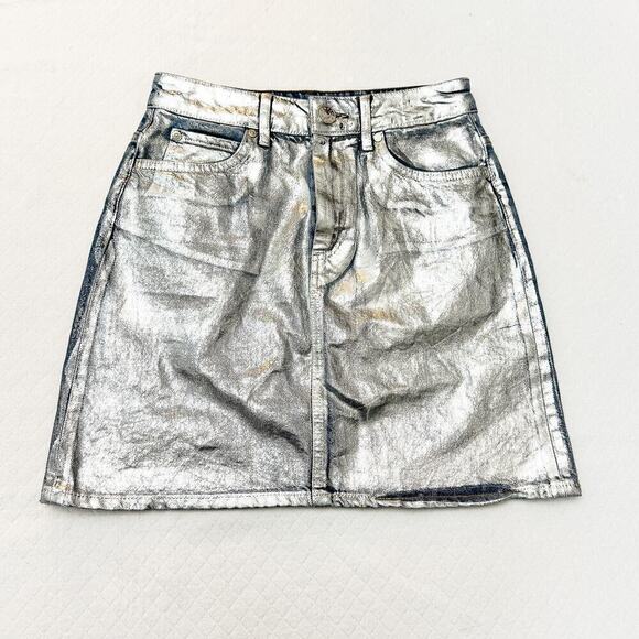 Sandro Paris Denim Pencil Skirt Metallic Silver Coated Front Size 1 / 26 US - Picture 1 of 6